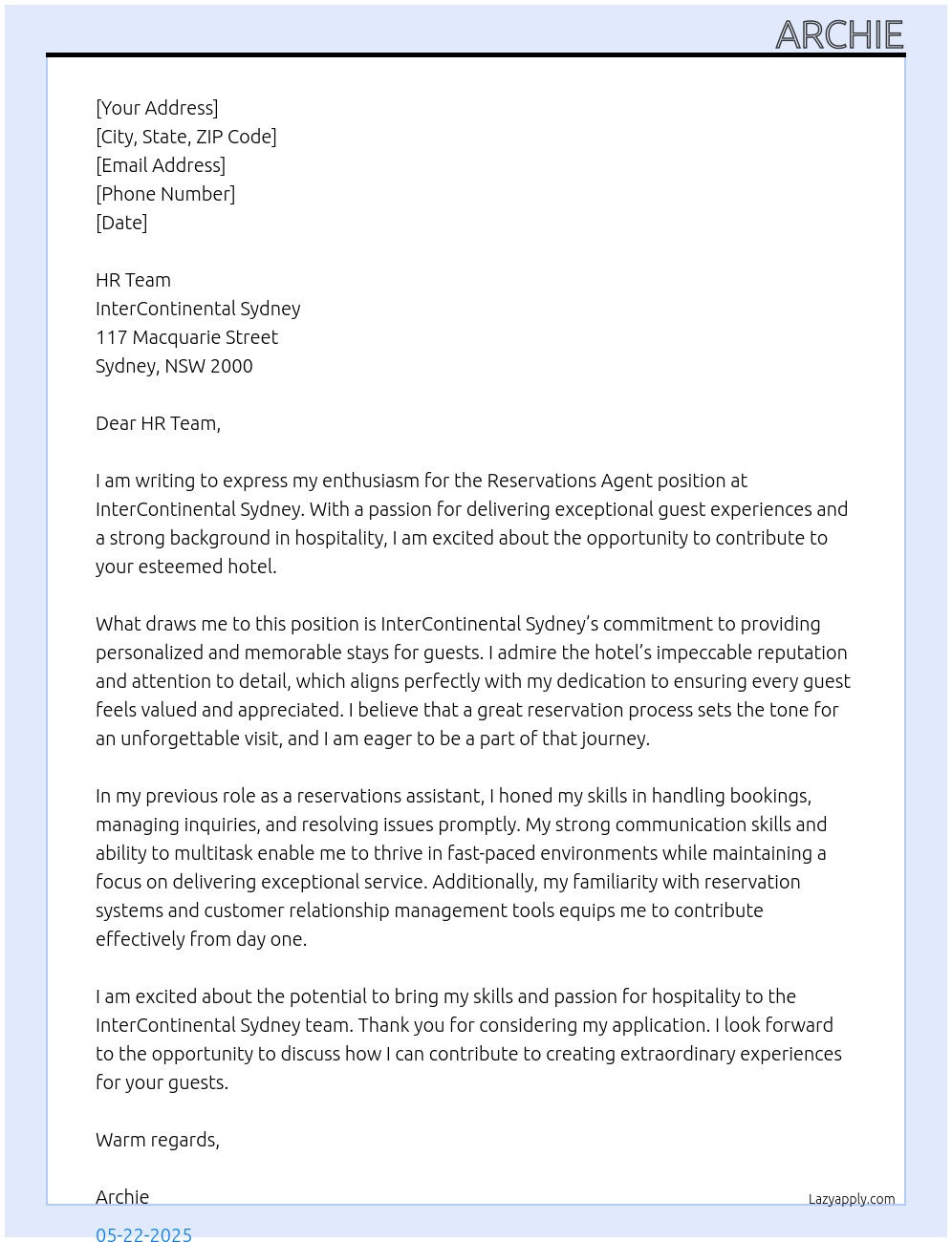 Reservations Agent At InterContinental Sydney Cover Letter