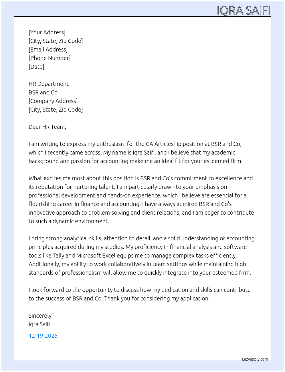 Ca Articleship At BSR and Co Cover Letter