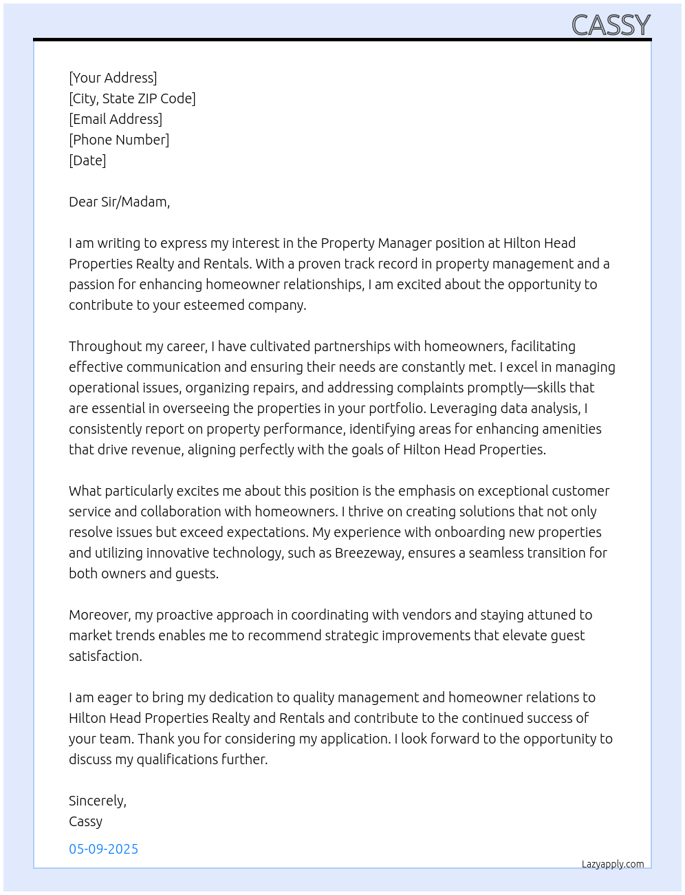 Property Manager At Hilton Head Properties Realty and Rentals Cover Letter