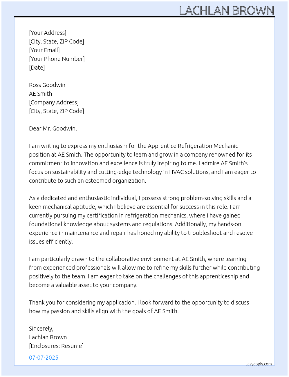 Cover letter for apprentice refridgeration mechanic - LazyApply
