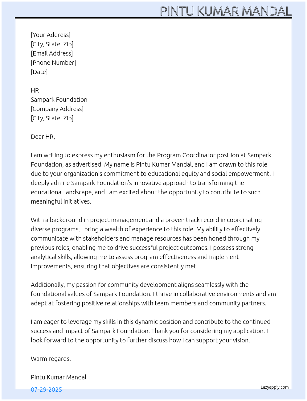 Program Coordinator  At Sampark Foundation  Cover Letter