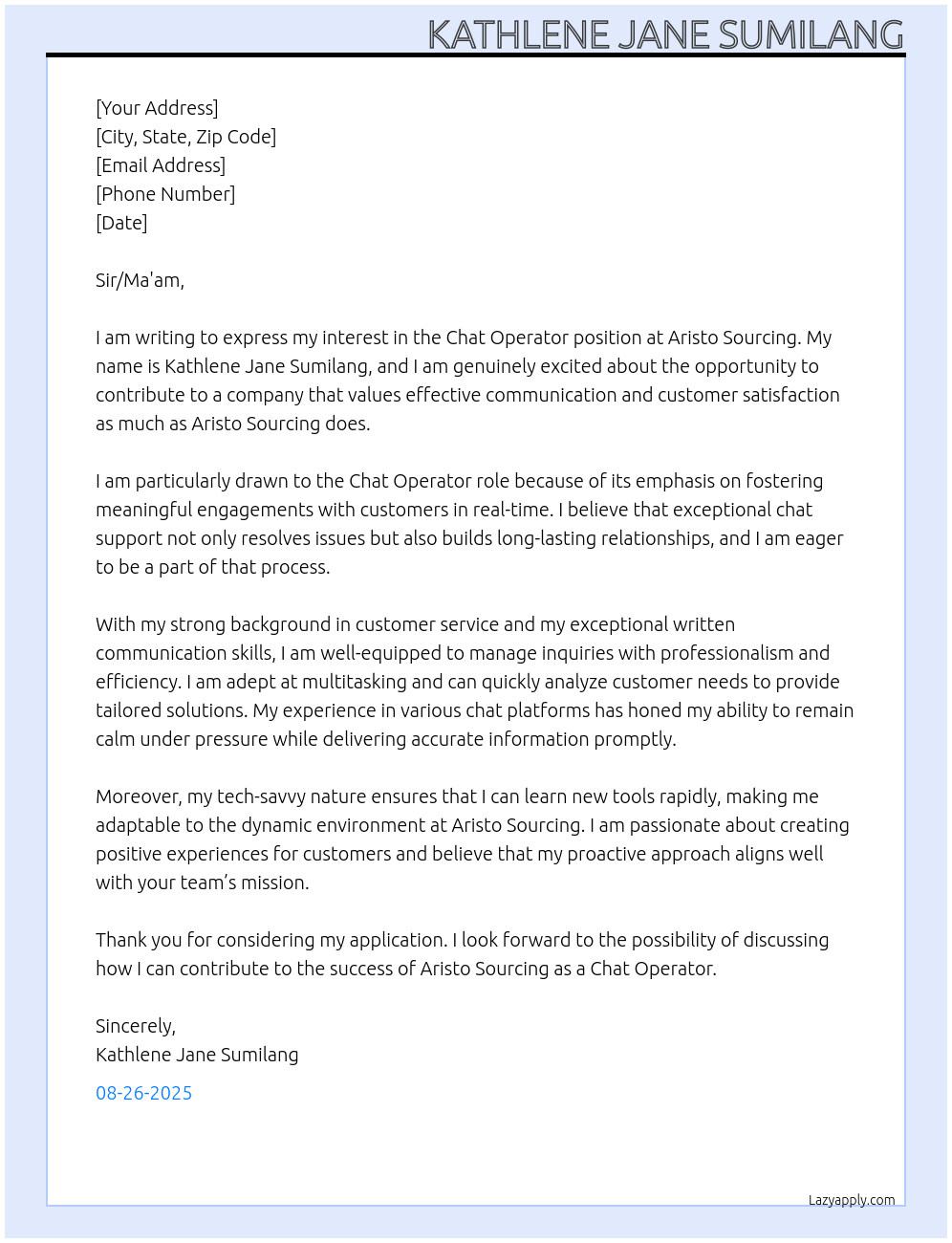 Cover letter for chat operator - LazyApply