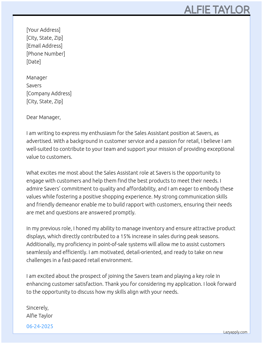 Sales Assistant At Savers Cover Letter