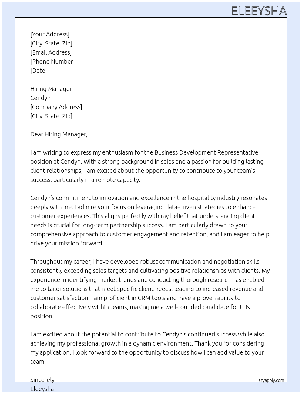 Business Development Representative At Cendyn Cover Letter