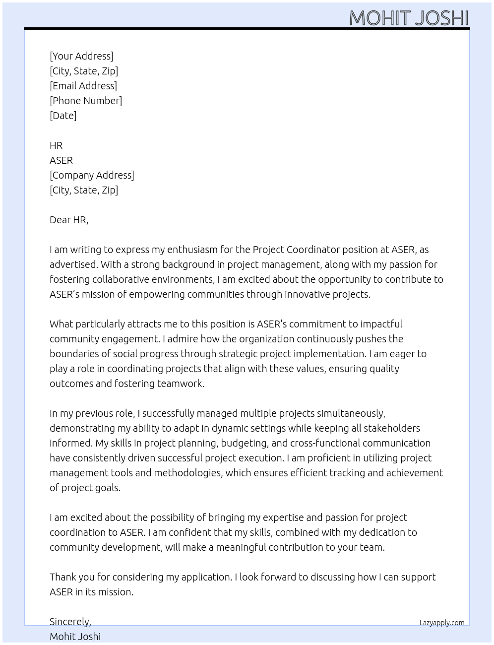 project coordinator At ASER Cover Letter