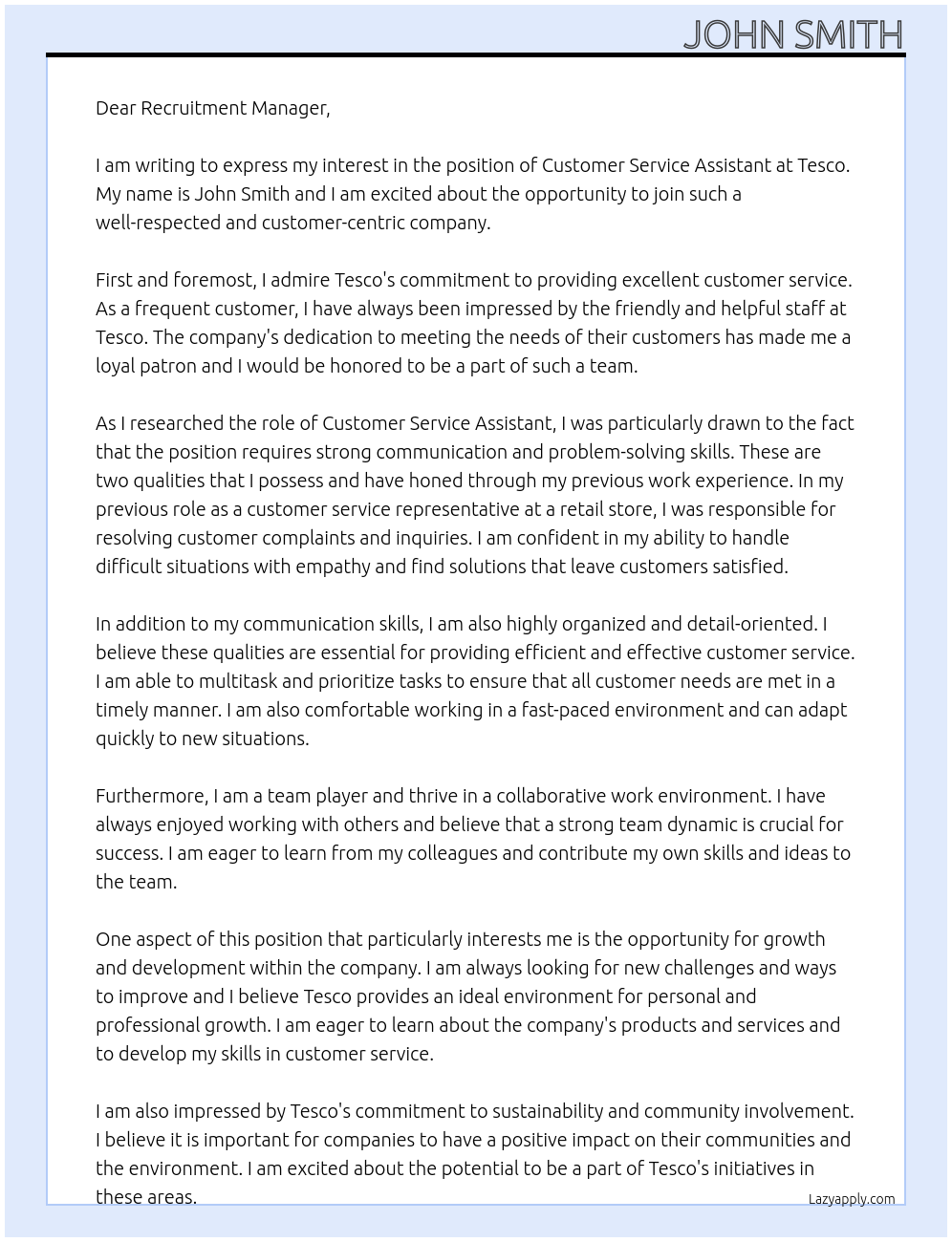 Customer Service Assistant At Tesco Cover Letter