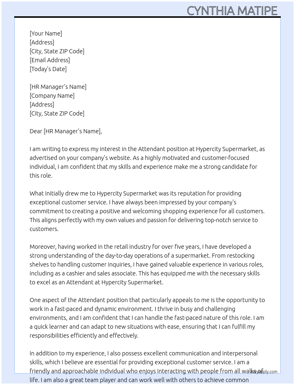 Attendant  At Hypercity Supermarket  Cover Letter