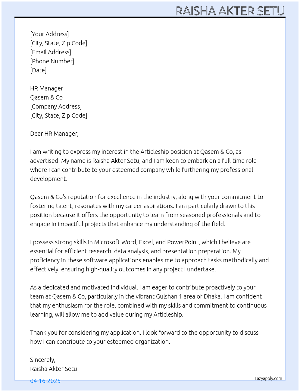 Articleship At Qasem & Co Cover Letter