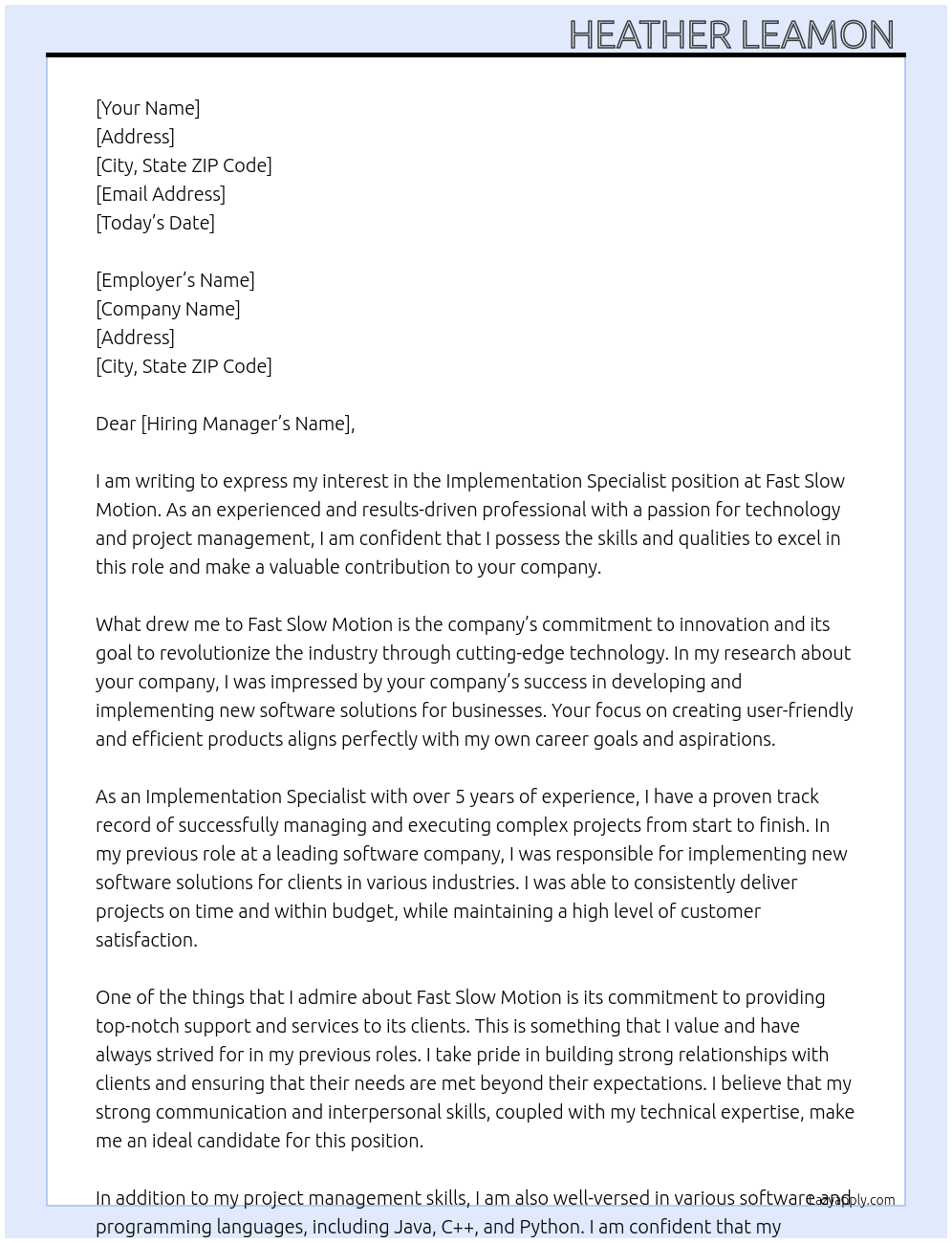 Cover letter for implementation specialist - LazyApply