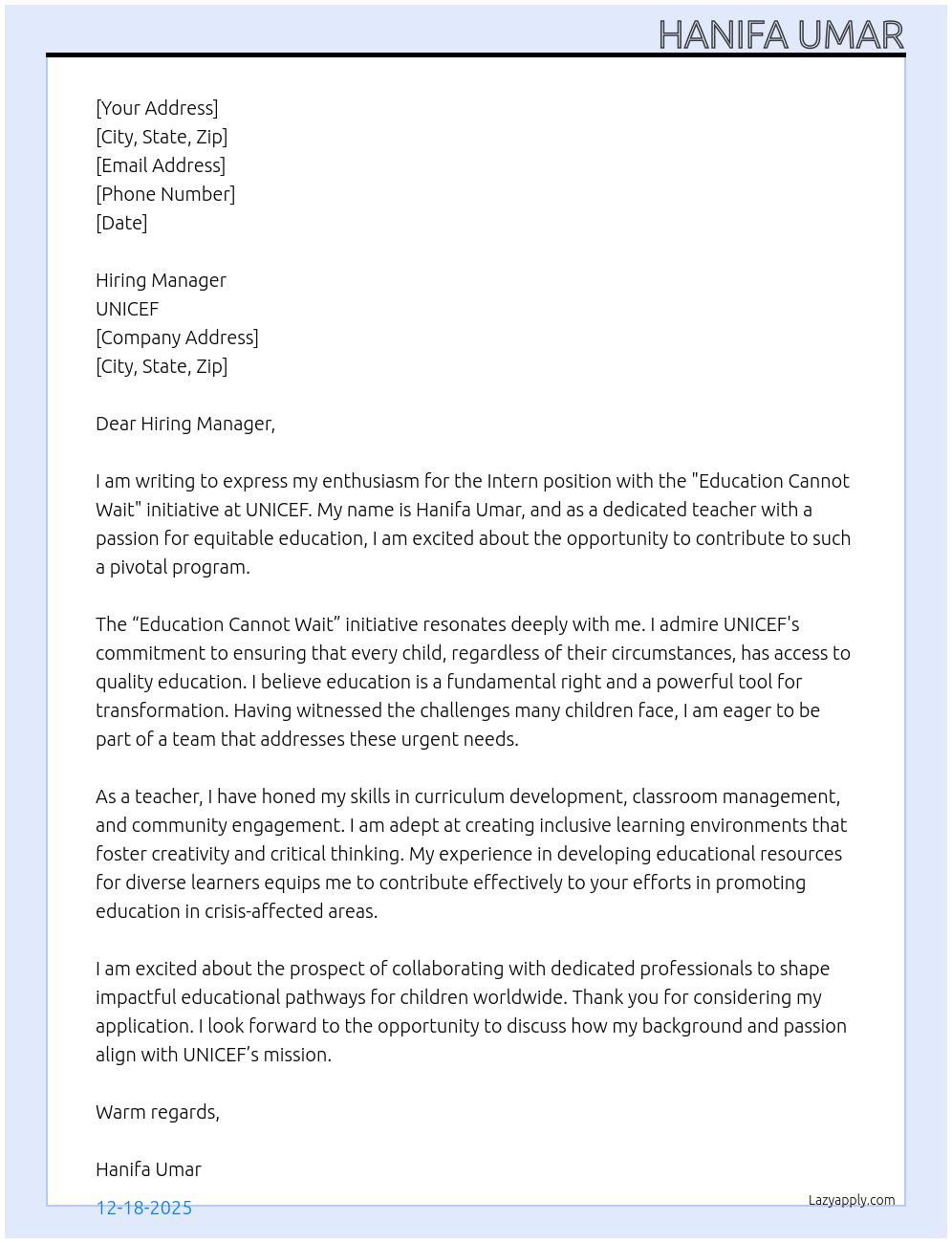 Intern education cannot wait At Unicef Cover Letter