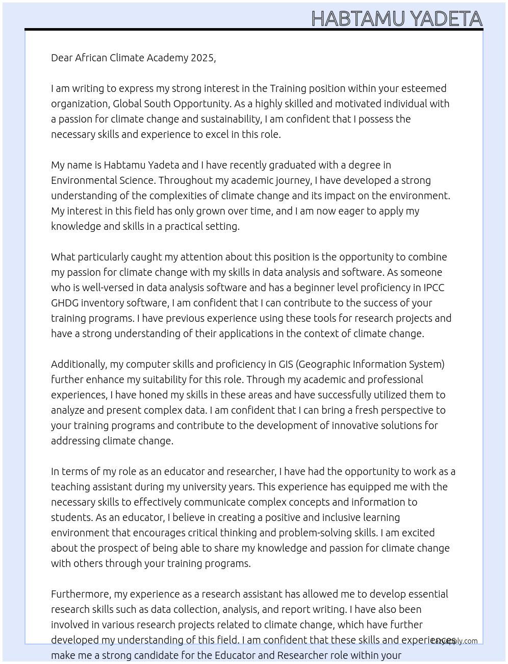 Training At Global South Opportunity Cover Letter