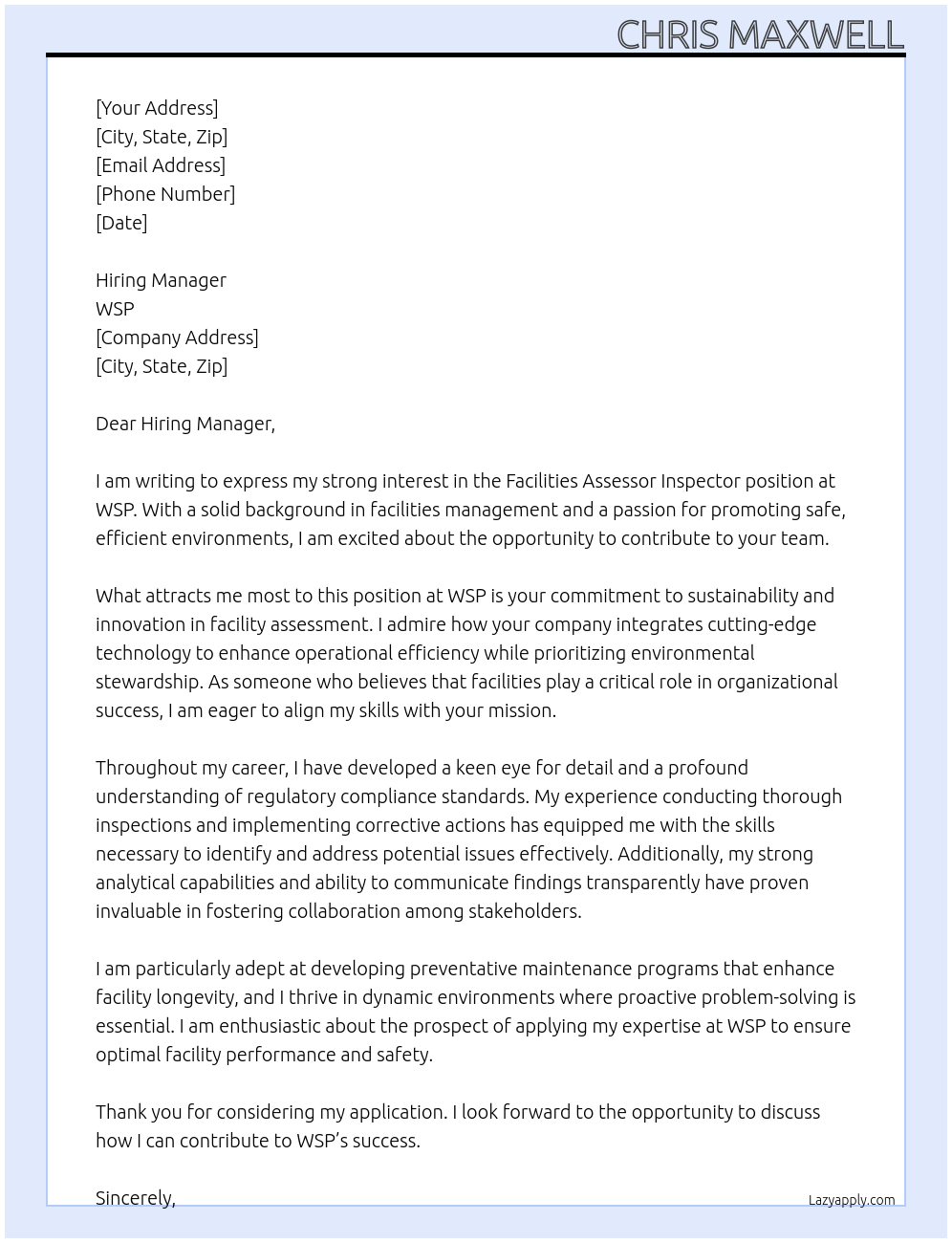 Facilities Assessor Inspector At WSP Cover Letter