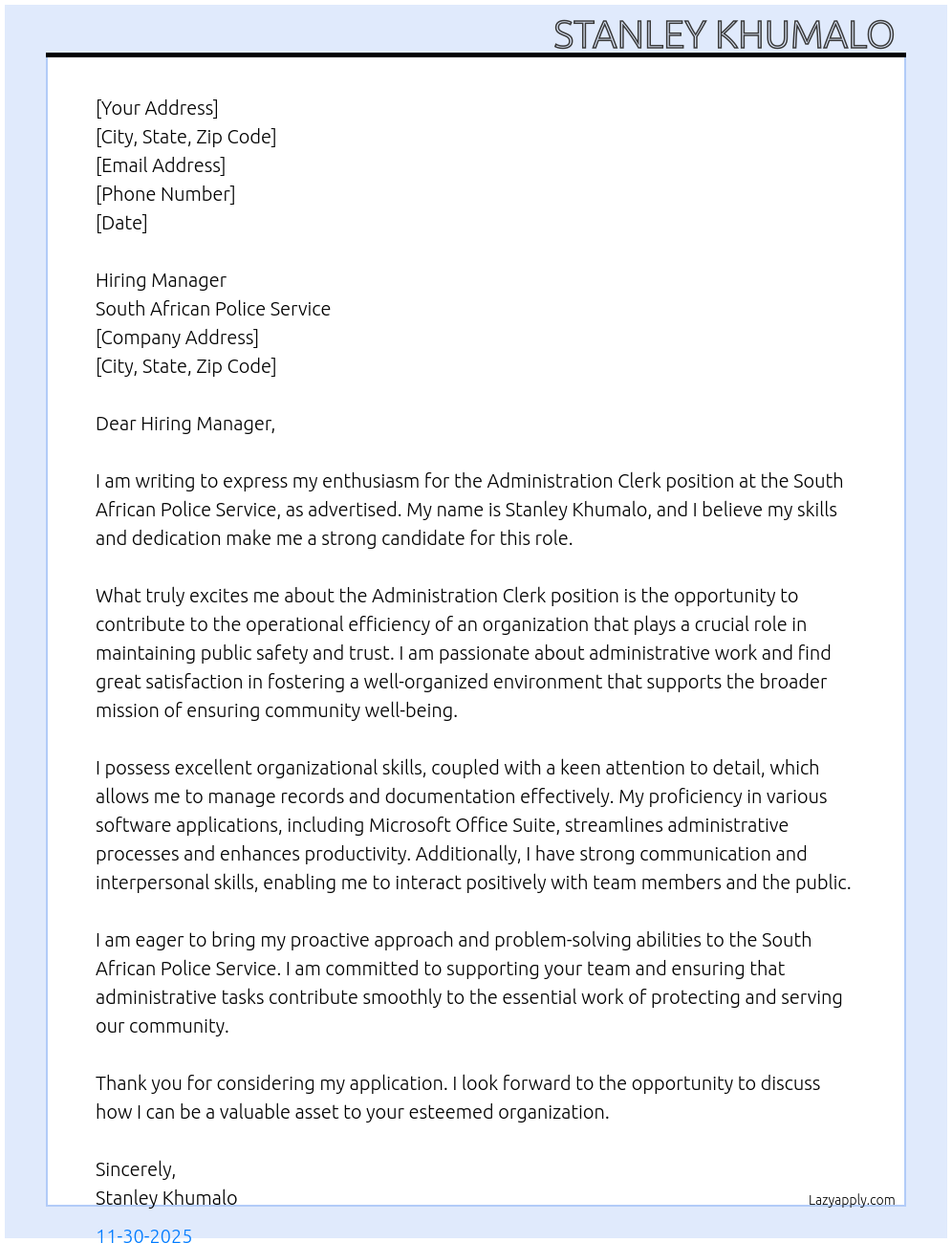 Cover letter for administration clerk - LazyApply
