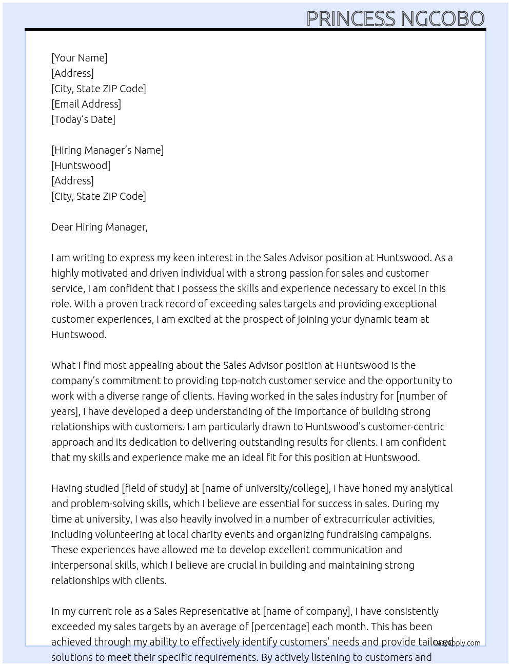 Sales Advisor At Huntswood Cover Letter