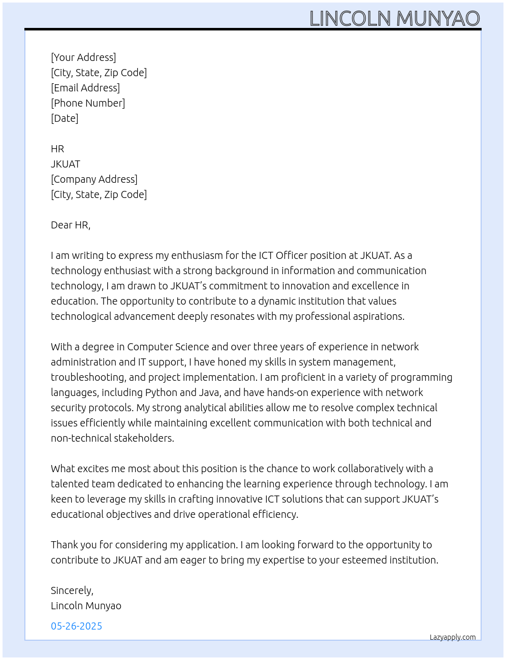 ICT officer At JKUAT Cover Letter