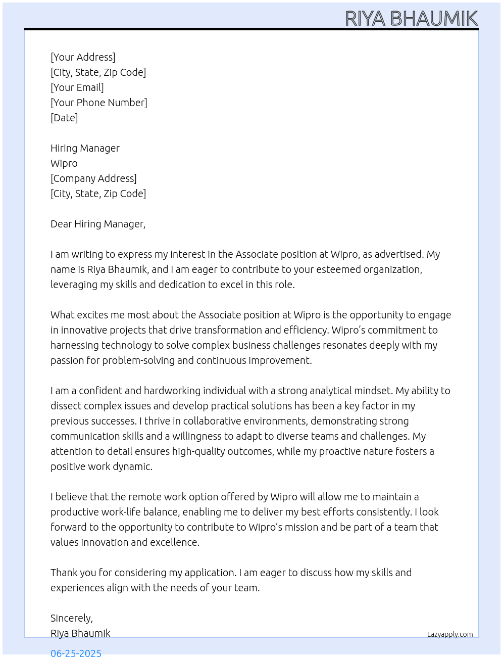 associate At wipro Cover Letter