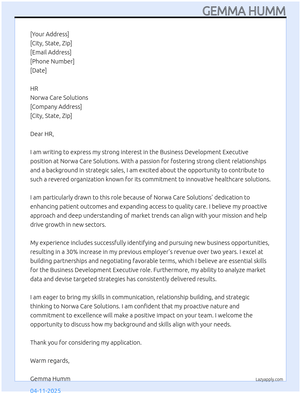 Business Development Executive At Norwa Care Solutions Cover Letter