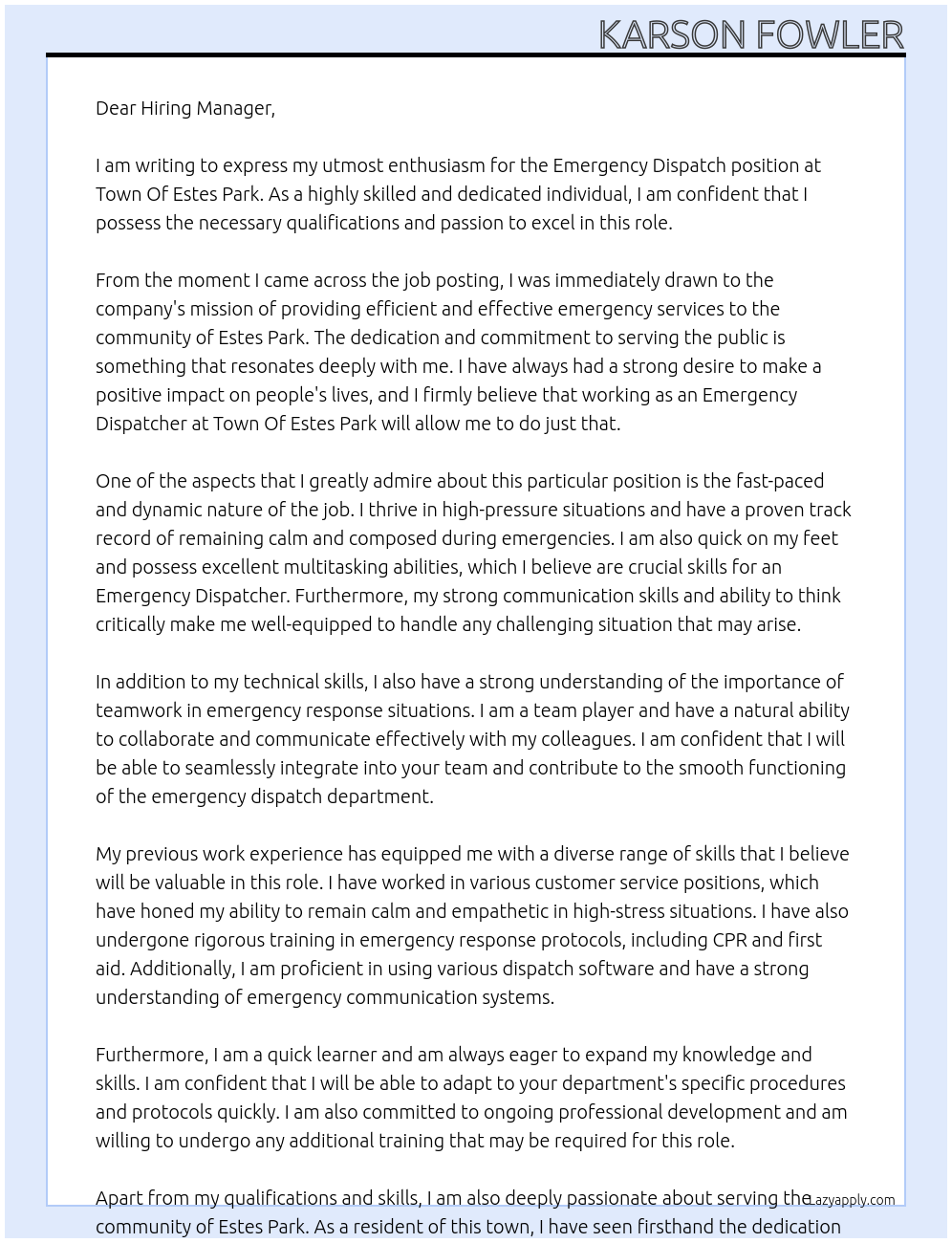 Emergency Dispatch At Town Of Estes Park Cover Letter