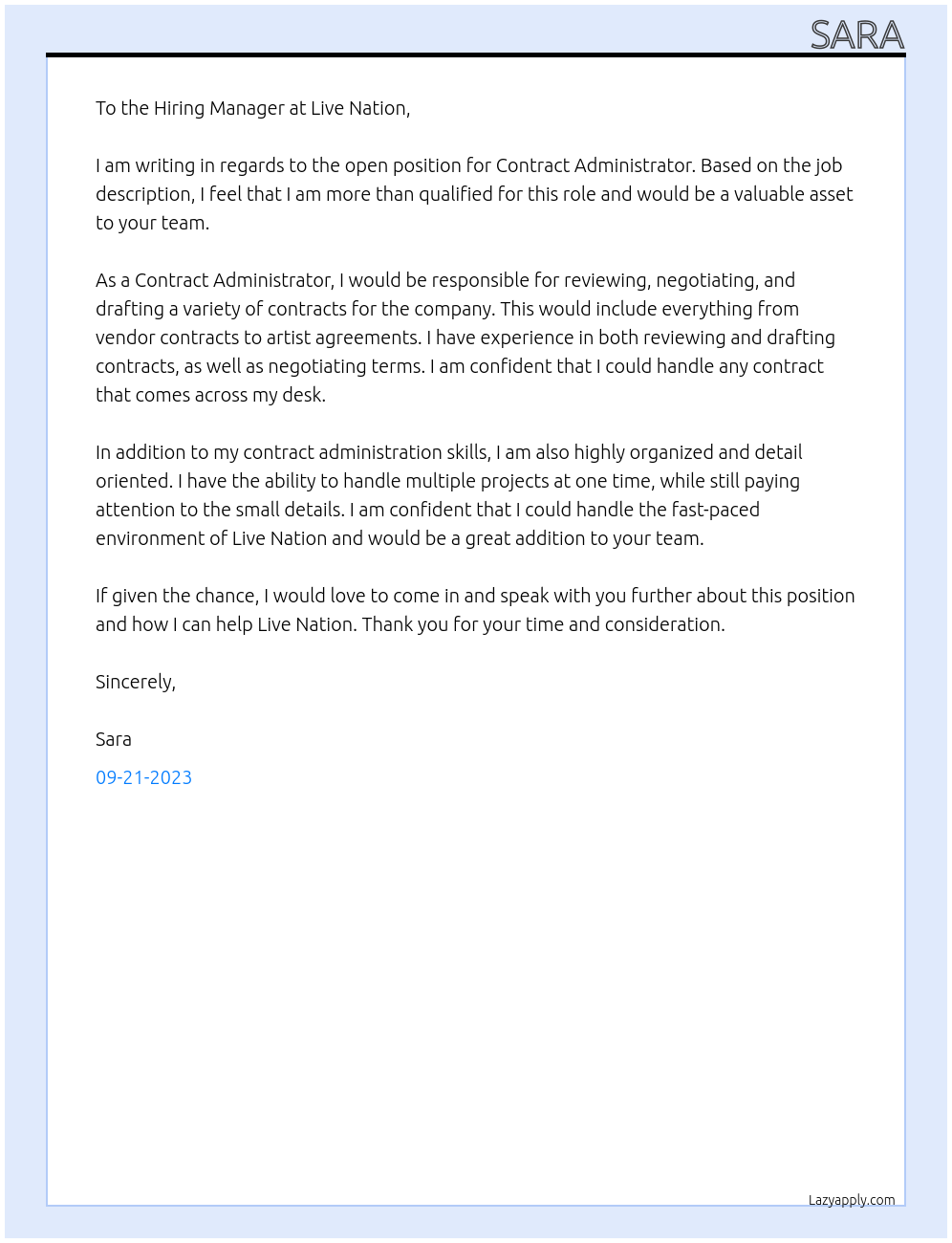 contract administrator At Live Nation Cover Letter