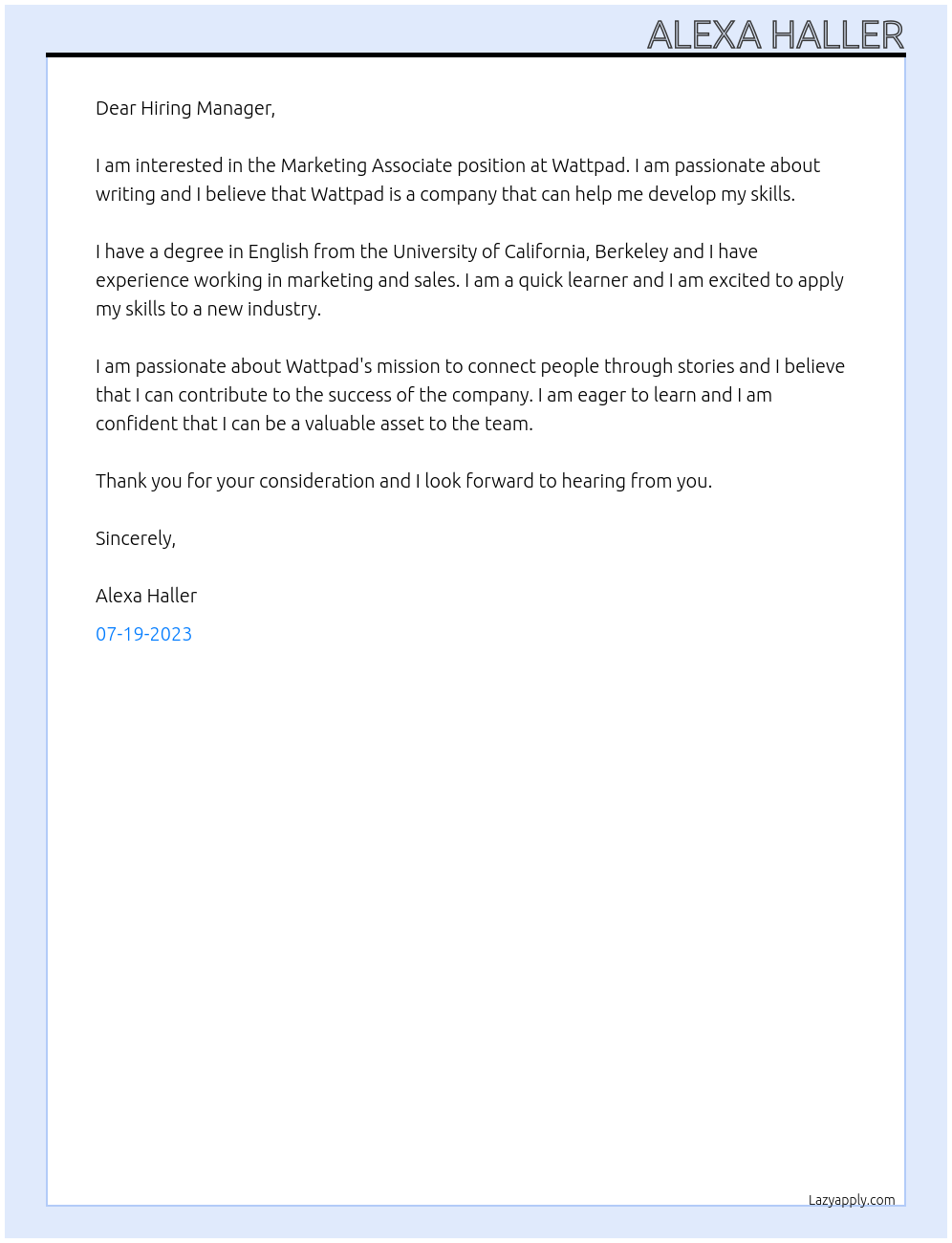Marketing Associate At Wattpad Cover Letter