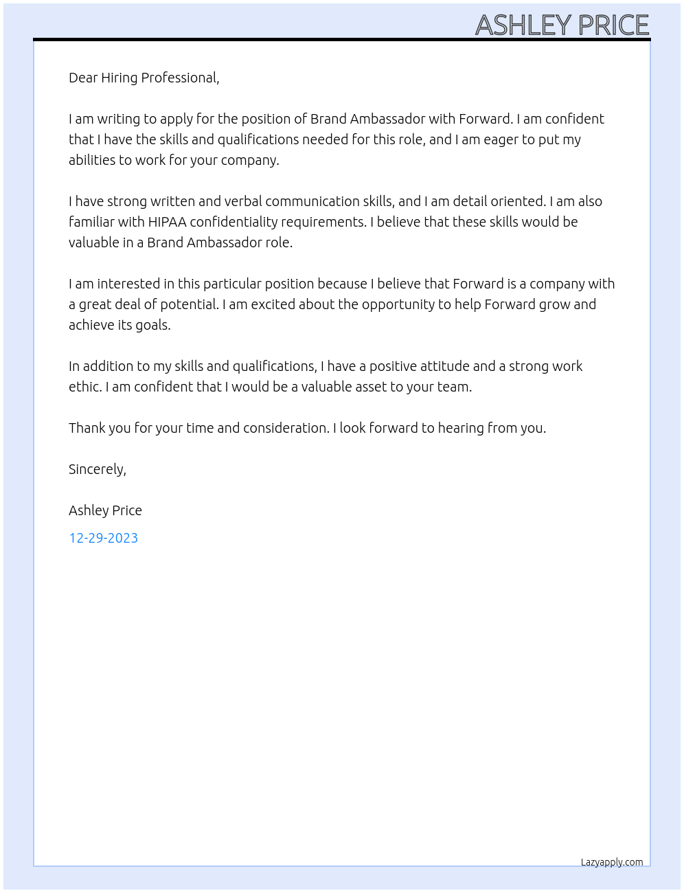 Brand Ambassador At Forward  Cover Letter