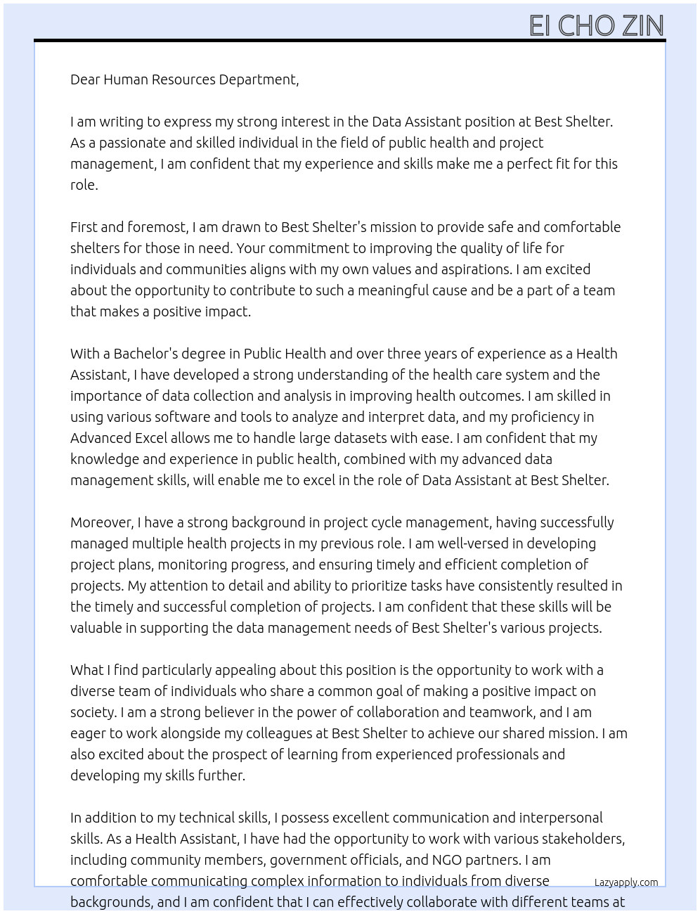data assistant At Best Shelter Cover Letter