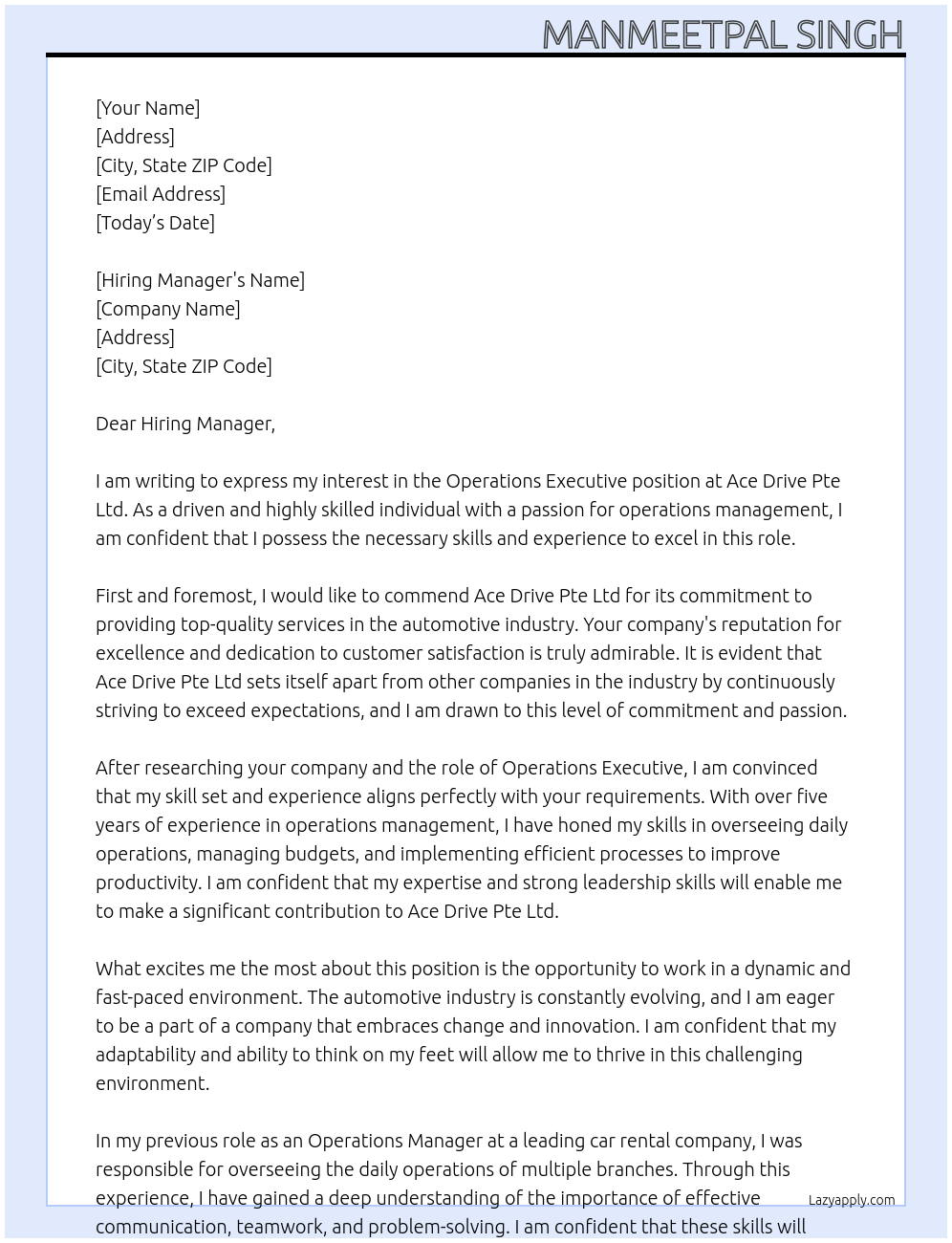 Operations Executive At Ace Drive Pte Ltd Cover Letter