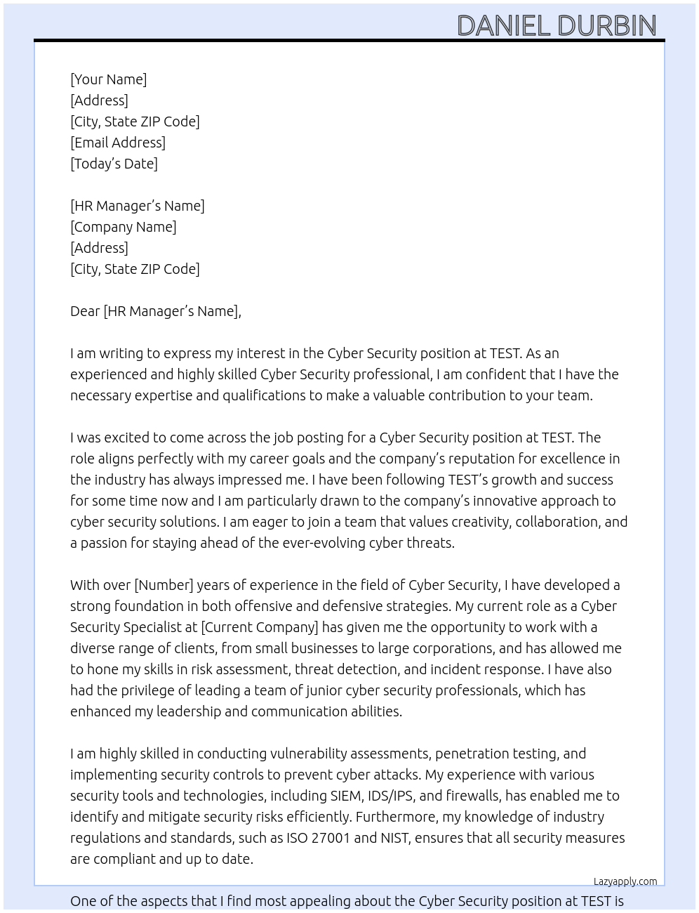 Cyber Security At TEST Cover Letter