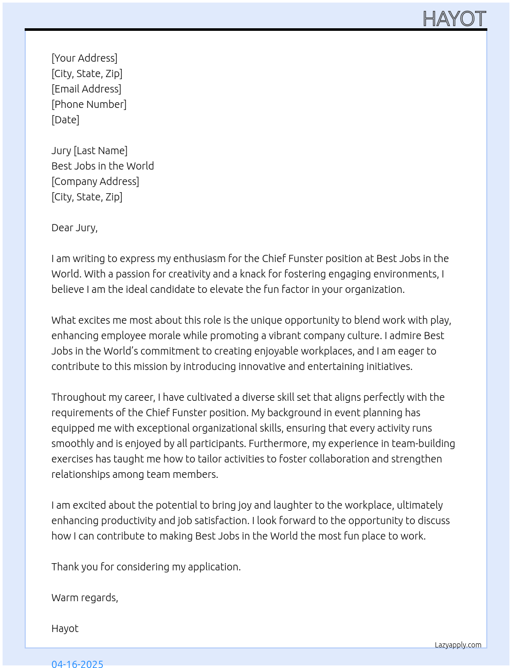 chief funster At best jobs in the world Cover Letter