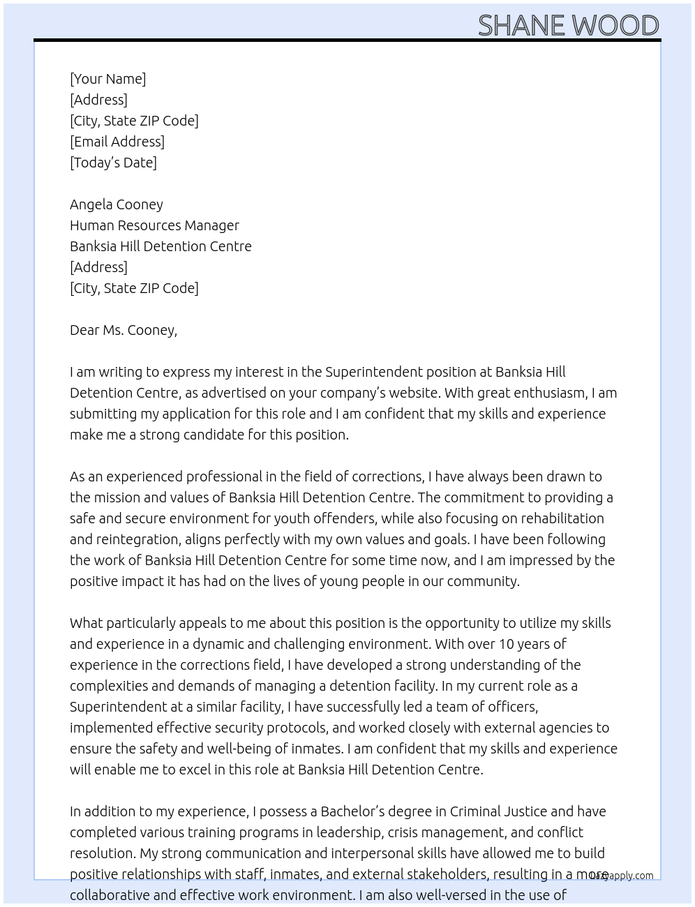 Superintendent At Banksia Hill Detention Centre Cover Letter