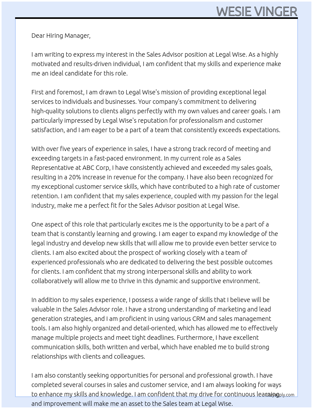Sales Advisor At Legal Wise Cover Letter