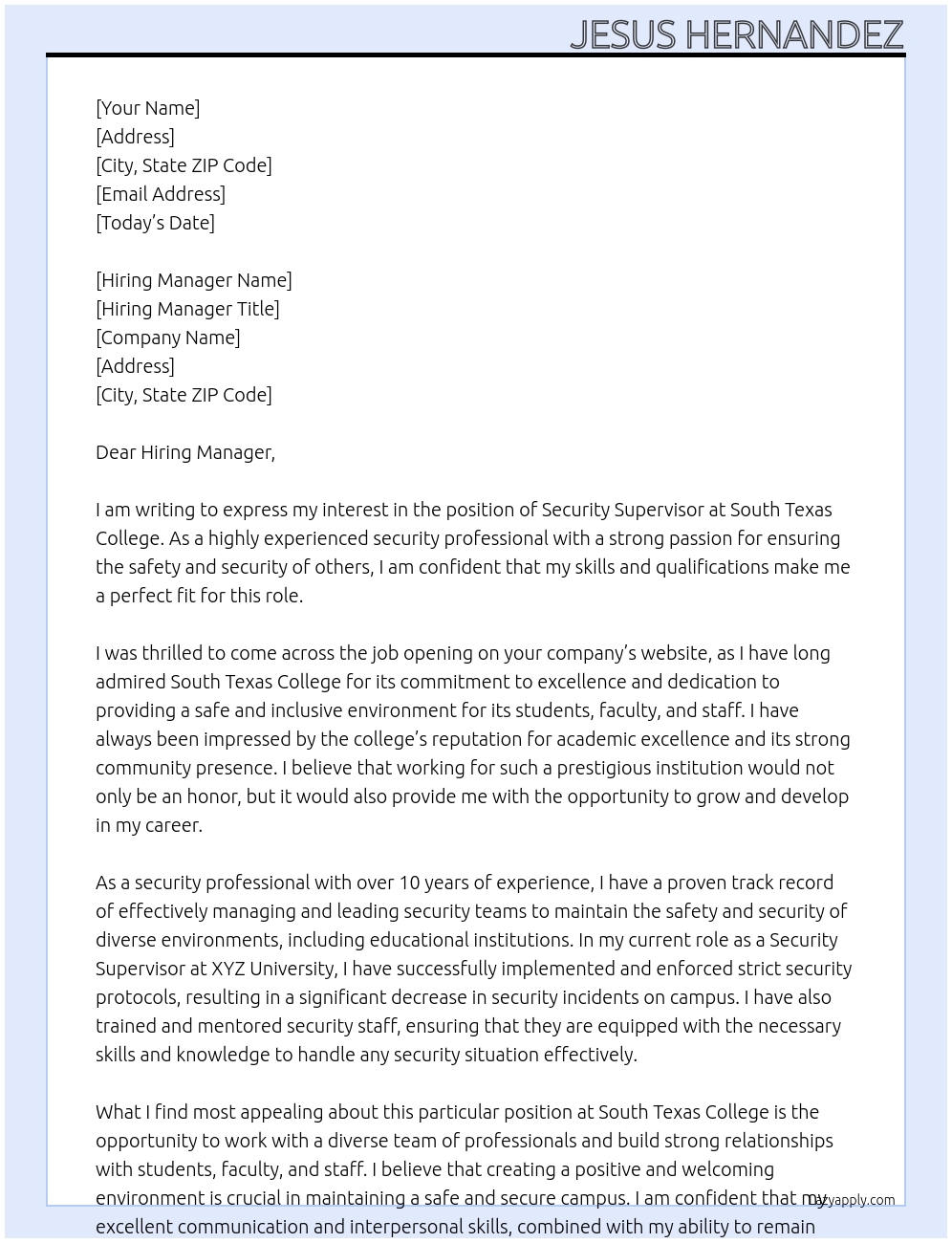 Security Supervisor At South Texas College Cover Letter
