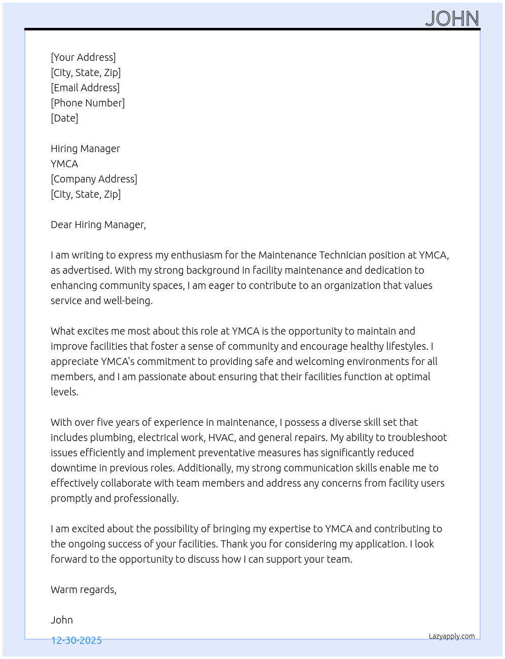 maintenance technician At YMCA Cover Letter