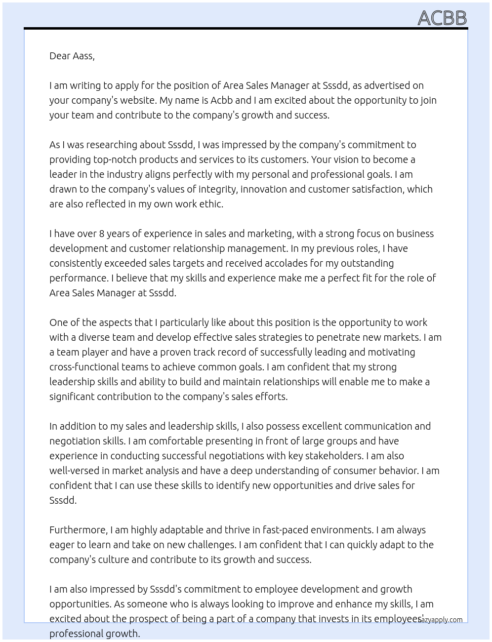 Area Sales Manager At sssdd Cover Letter