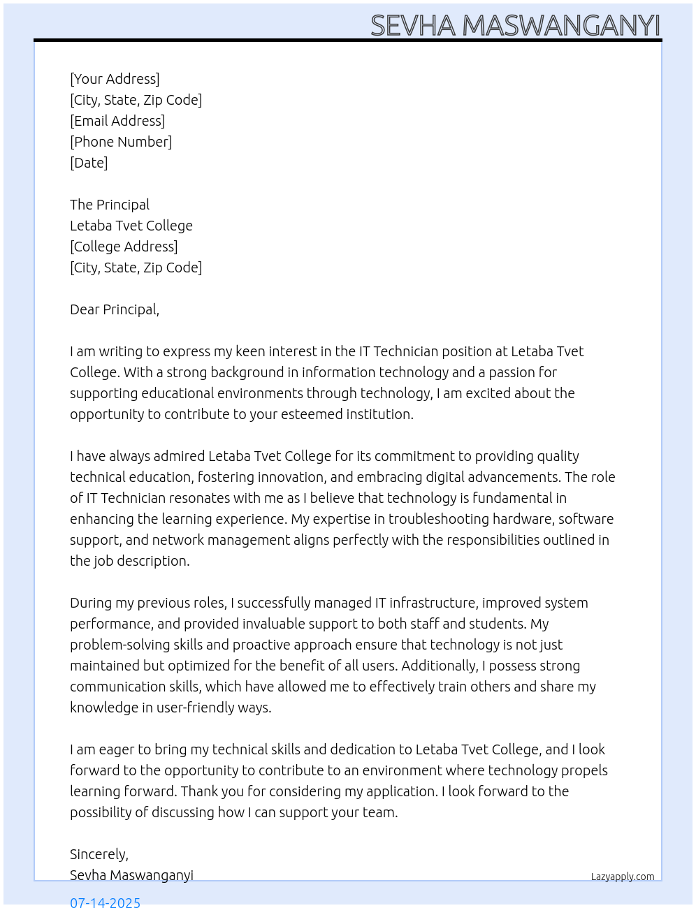 IT Technician At Letaba Tvet College Cover Letter