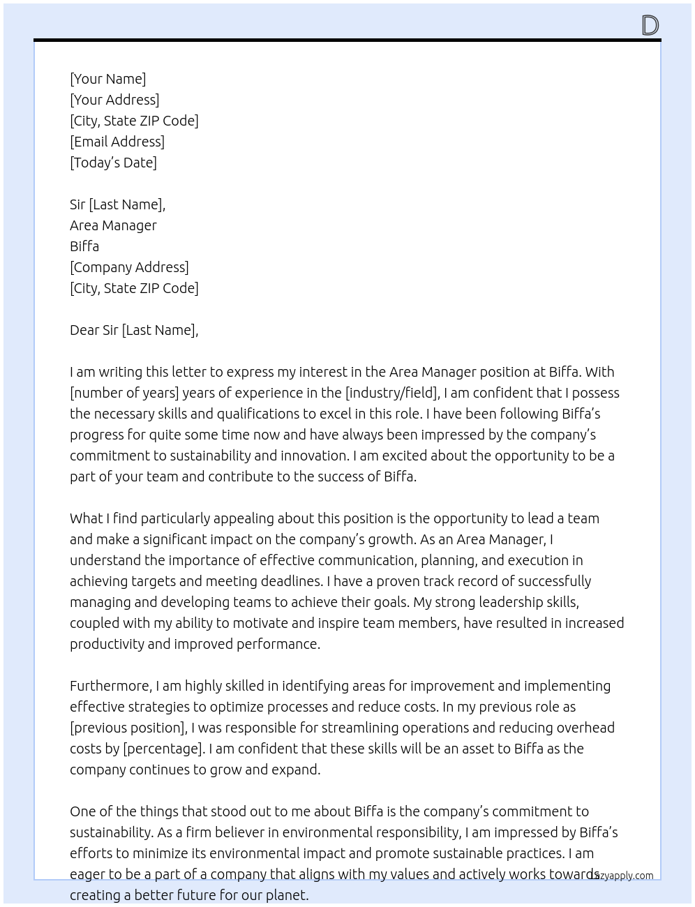 area manager At biffa Cover Letter