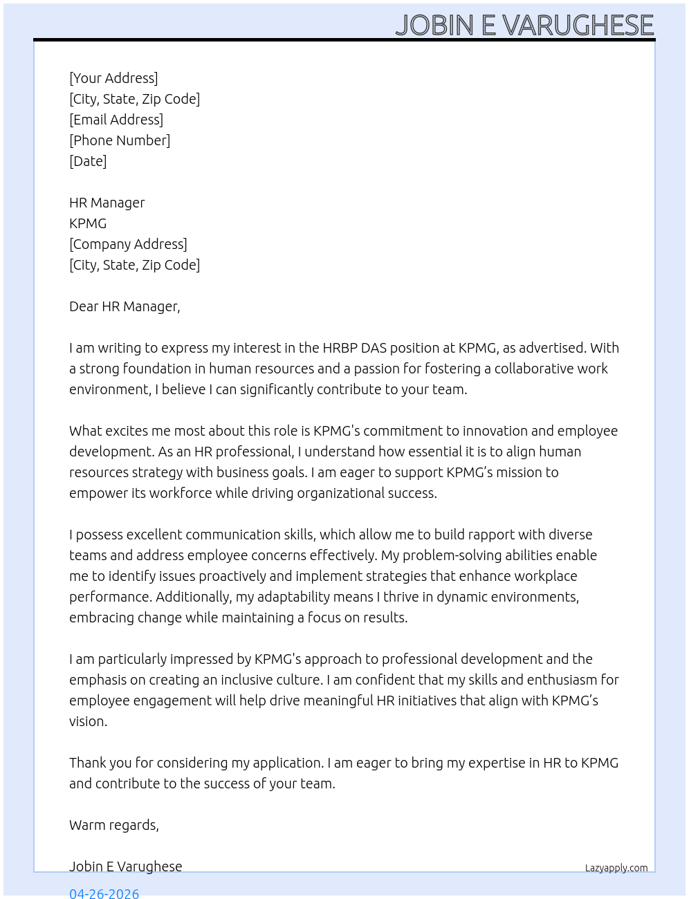 HRBP DAS At KPMG Cover Letter