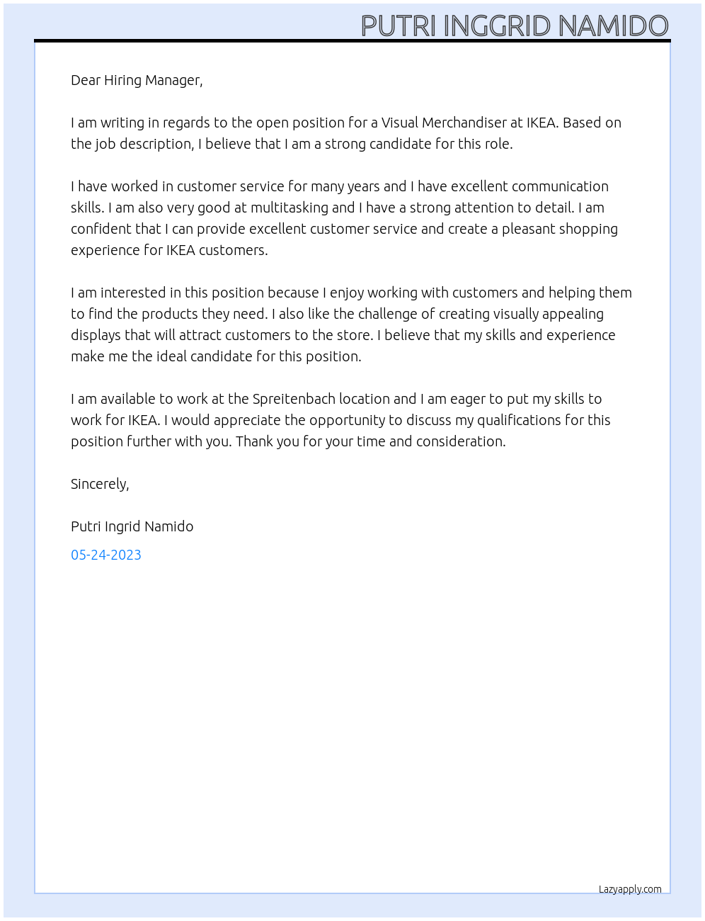 Visual Merchandising At IKEA Cover Letter