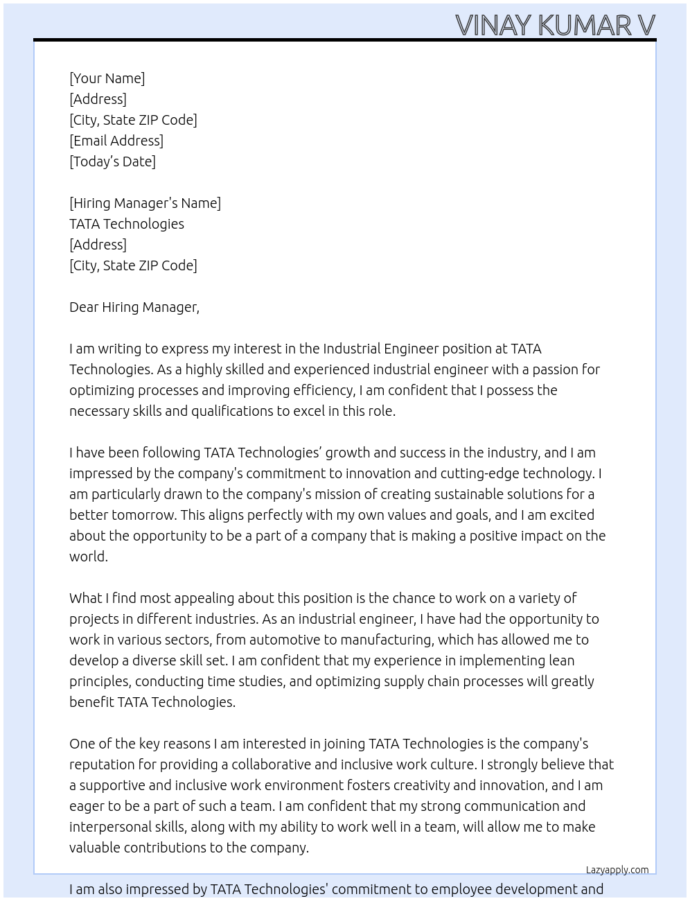 Industrial Engineer  At TATA Technologies Cover Letter