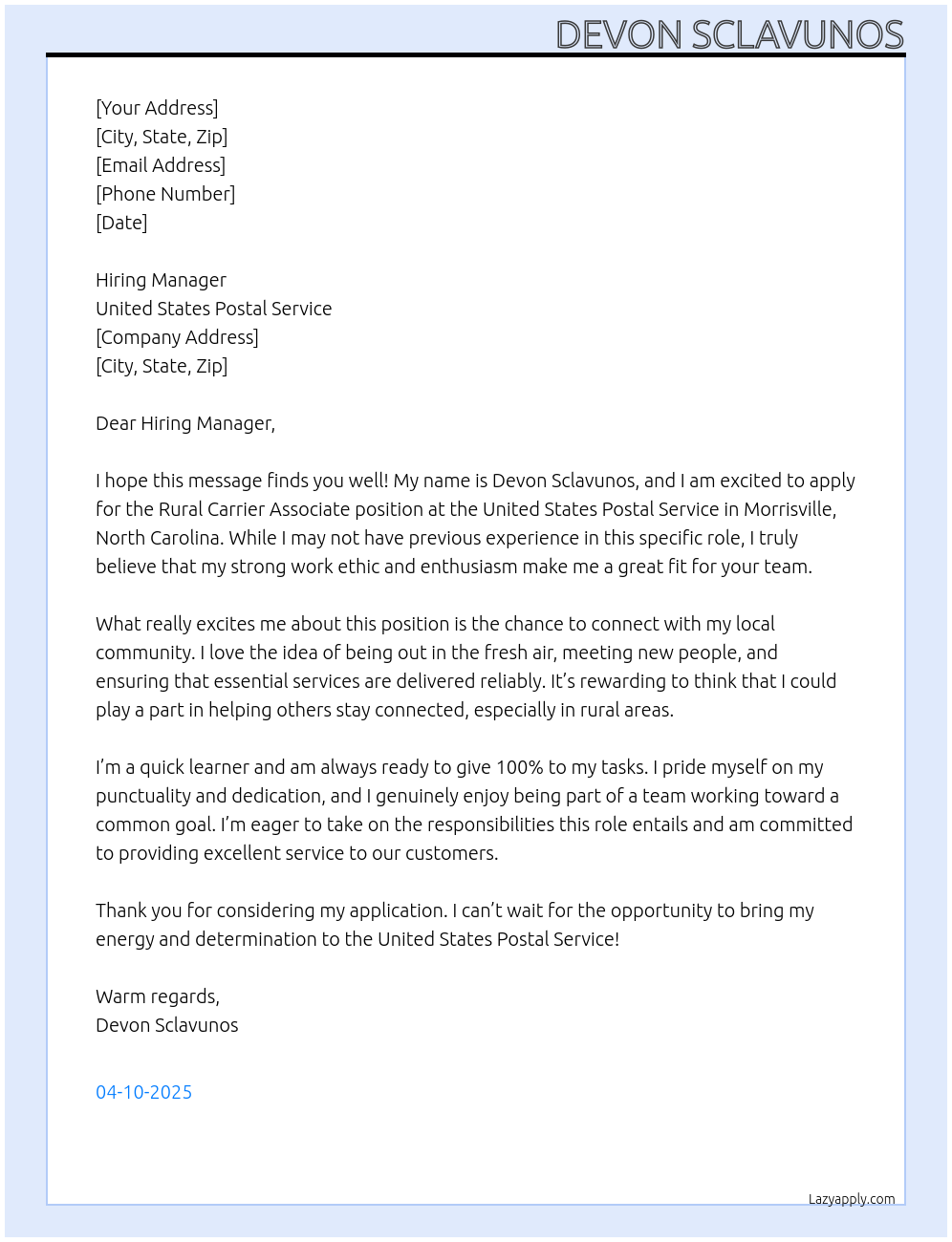 Rural carrier associate At United State Postal Service Cover Letter