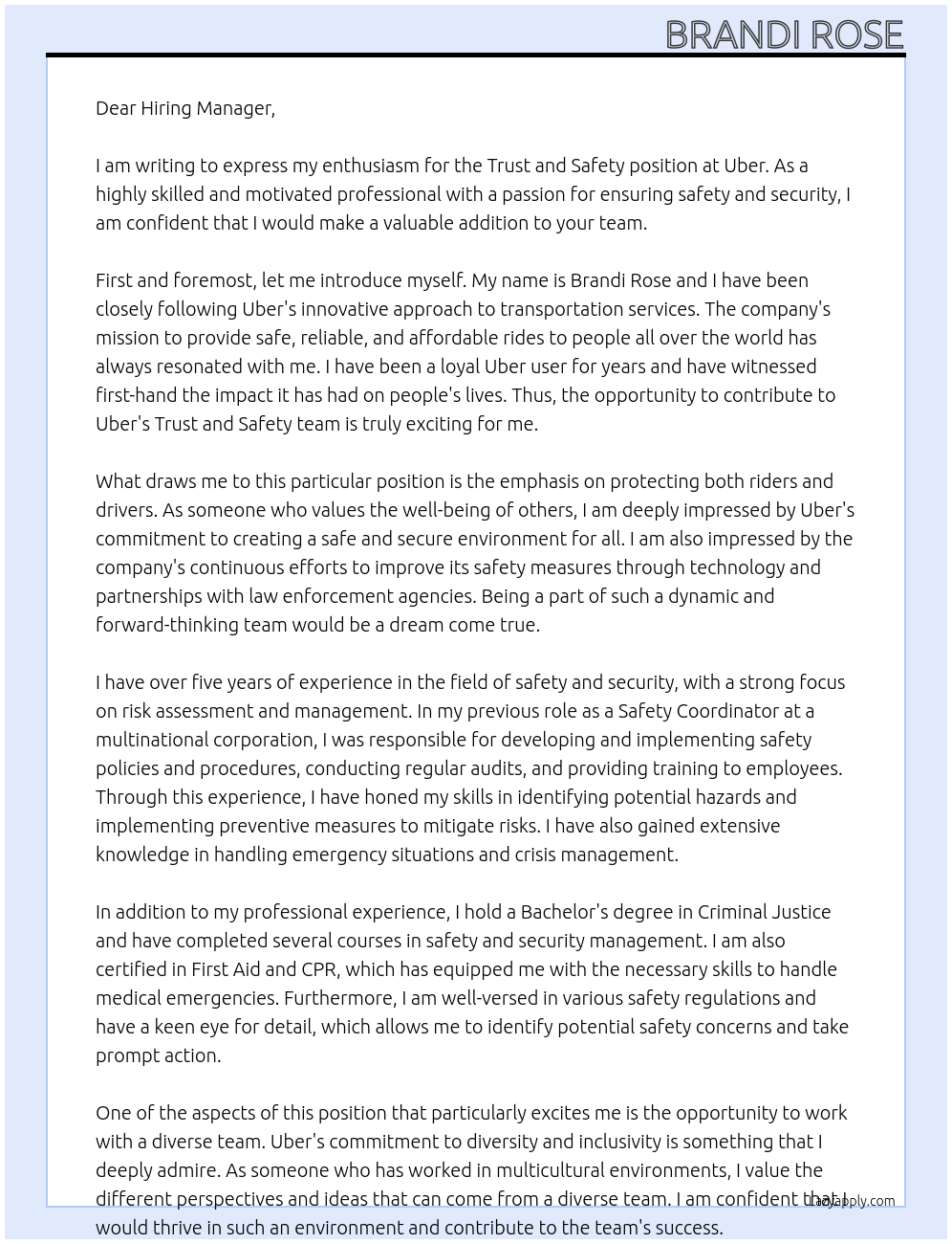 Trust and Safety  At Uber Cover Letter