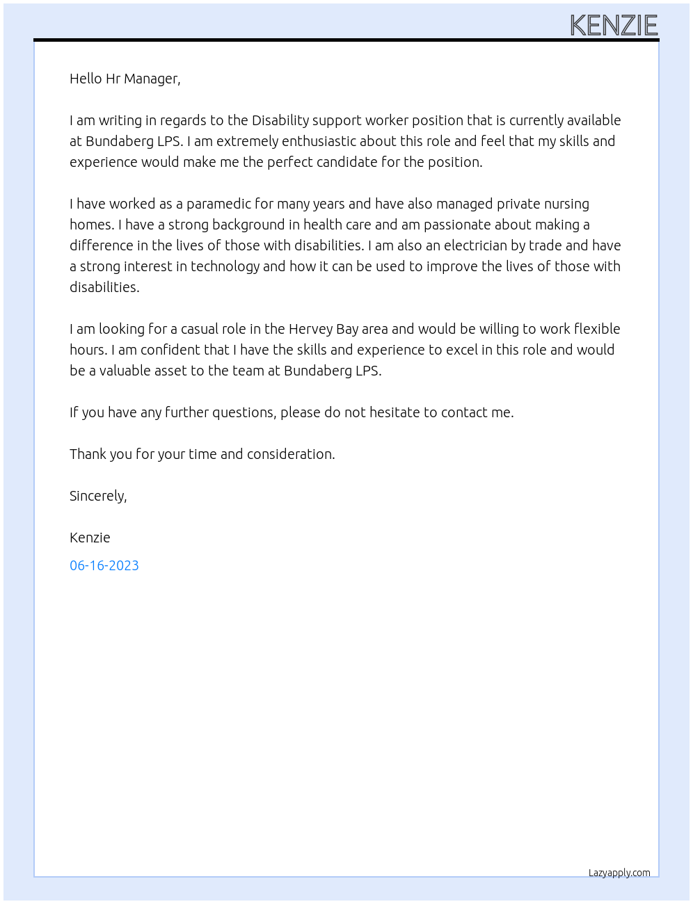 Disability support worker At Bundaberg LPS Cover Letter