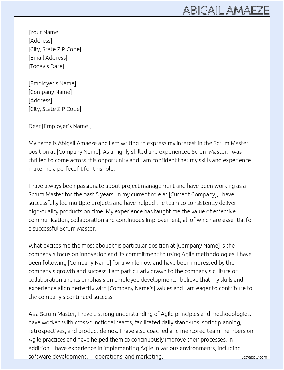 Scrum Master At Abigail Amaeze Cover Letter