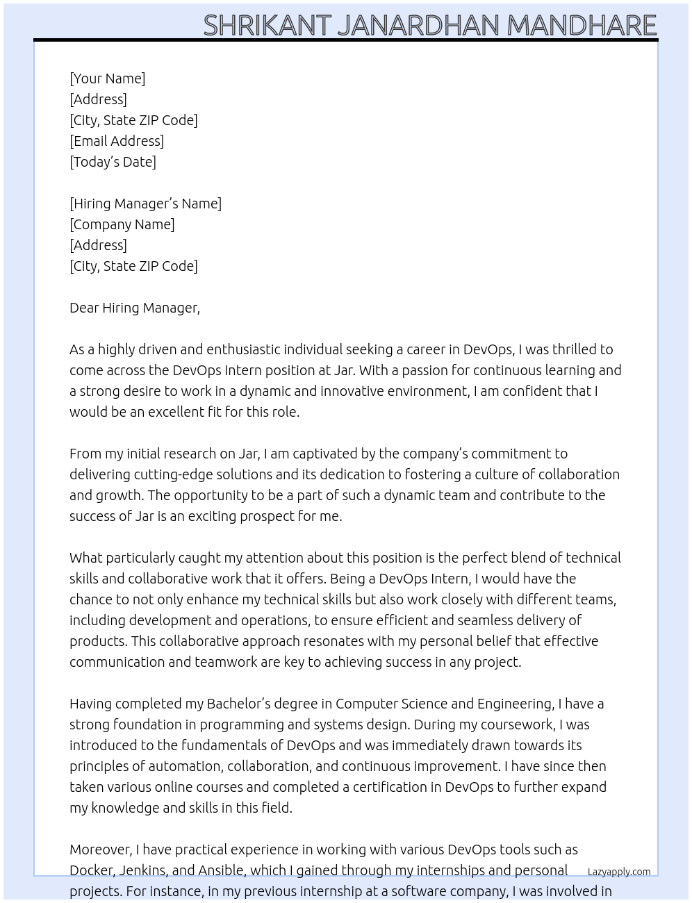 Devops Intern At Jar Cover Letter