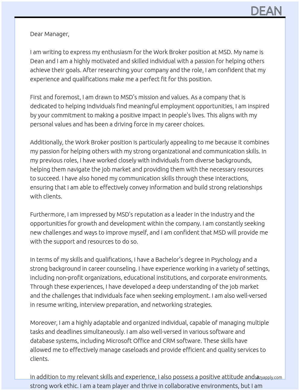 Work Broker At MSD Cover Letter