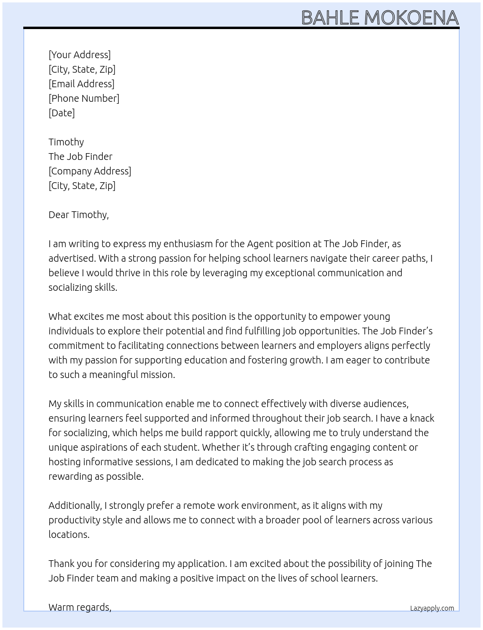 Agent At The job finder Cover Letter
