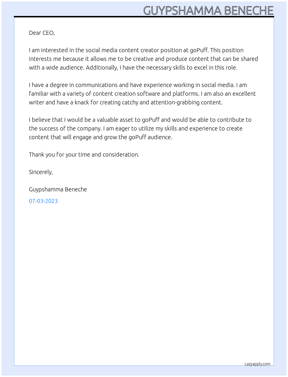 social media content creator At gopuff Cover Letter