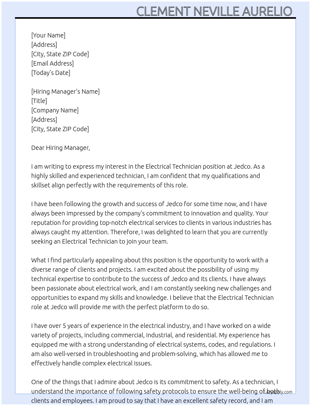 Electrical Technician At Jedco Cover Letter