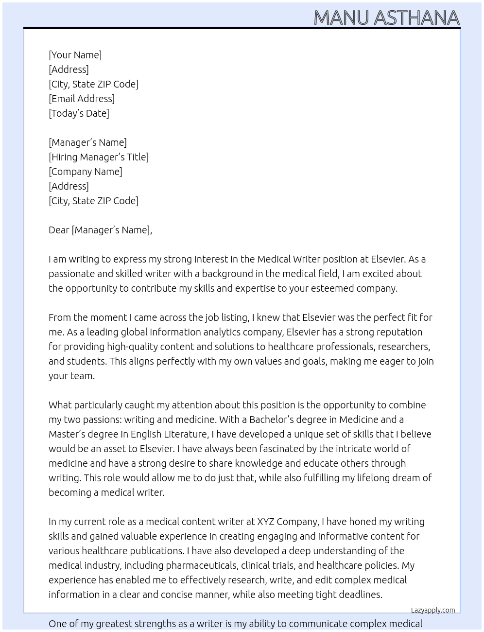 medical writer At Elsevier Cover Letter