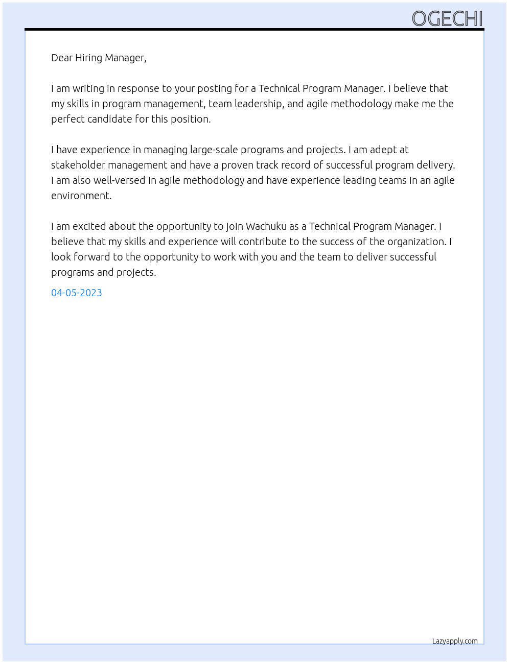 Technical Program Manager At Wachuku Cover Letter